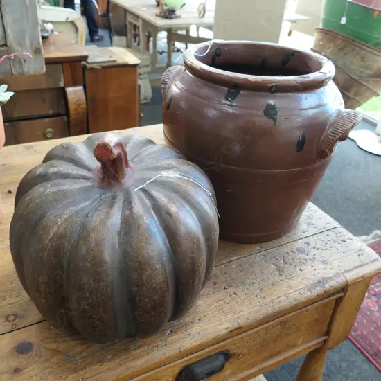 LARGE MELON FRUIT AND LARGE BROWN CROCK POT