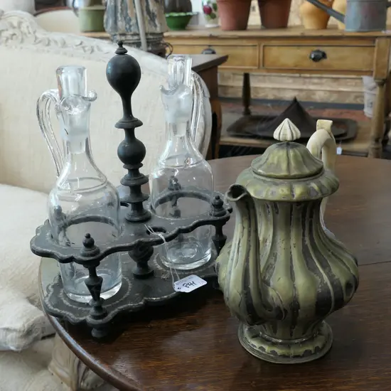 MOP STAND W/ TWO BOTTLES + EP TEAPOT IVORY HANDLE AND KNOB