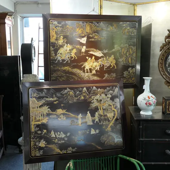 PR PAINTED JAPANESE SCENES ON DECORATIVE WOODEN PANELS 760 X 1020MM