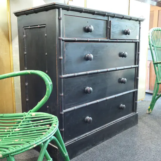 FRENCH FAUX BAMBOO DISTRESSED CHINOISERIE BLACK PAINTED CHEST OF DRAWERS W. 1030MM