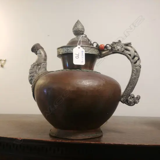TIBETAN GHEE TEAPOT W. SILVER DETAILING