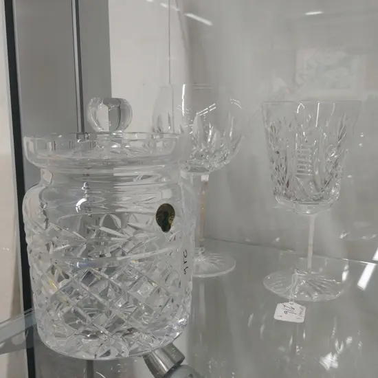 WATERFORD CRYSTAL BISCUIT BARREL; 2 LARGE WINE GOBLETS