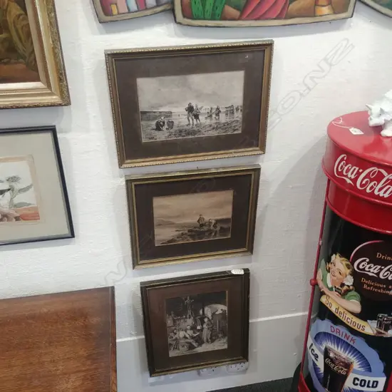 3 19thC STEEL ENGRAVINGS BARREL MAKERS, FISHERFOLK & PRAWN FISHING