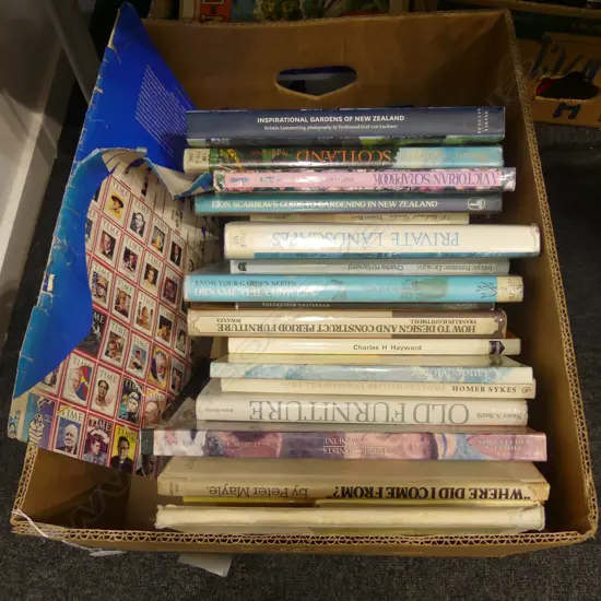 BOX OF ASST GARDENING + ANTIQUE BOOKS