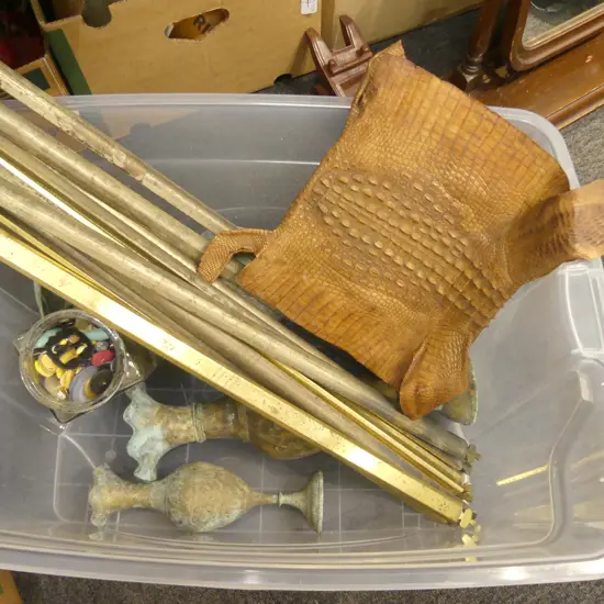 BOX LOT CARPET RUNNERS, BRASS VASES, GATOR SKIN, BUTTONS