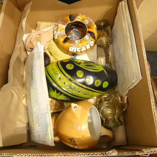 BOX LOT MAPS, BLACK BOHEMIA CRYSTAL VASE, BRONZES ETC