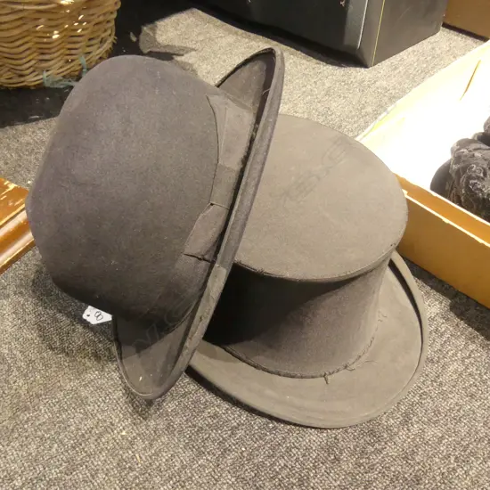 BOWLER HAT + COLLAPSIBLE TOP HAT BY C.A DUNN LONDON C 1900