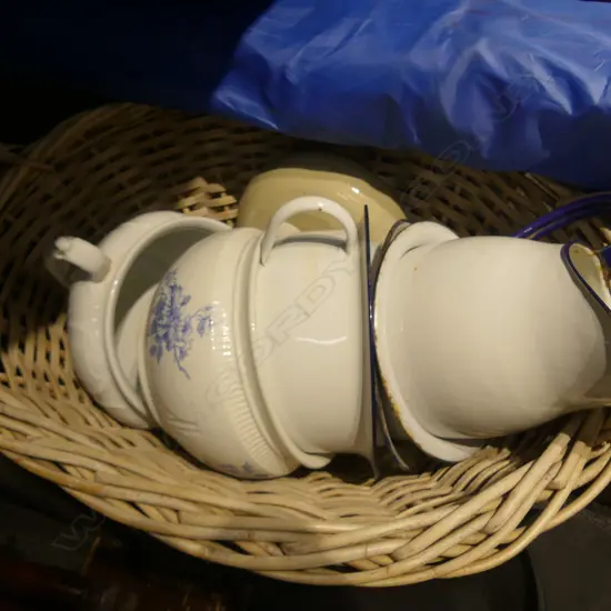 OLD CANE WASH BASKET +5 ENAMEL PCES. + 2 CHAMBER POTS ETC