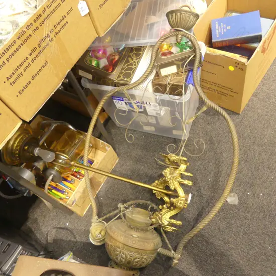 2 LARGE HANGING KEROSENE PENDANT LAMPS, ONE ELECTRIFIED 1050MM H