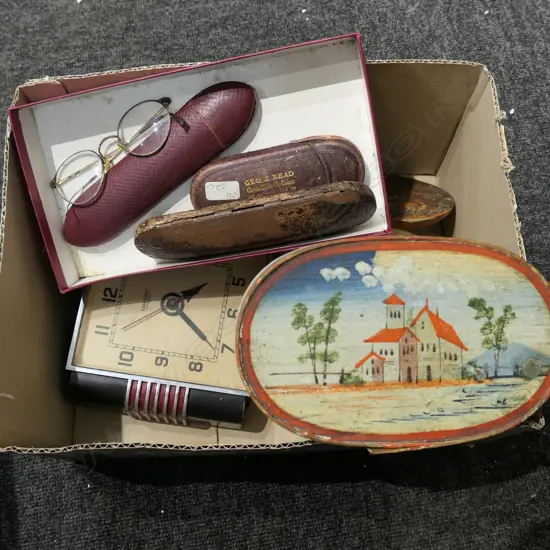 LOT ASST INCL. DECO CLOCK 3 PRS OLD READING GLASSES ETC