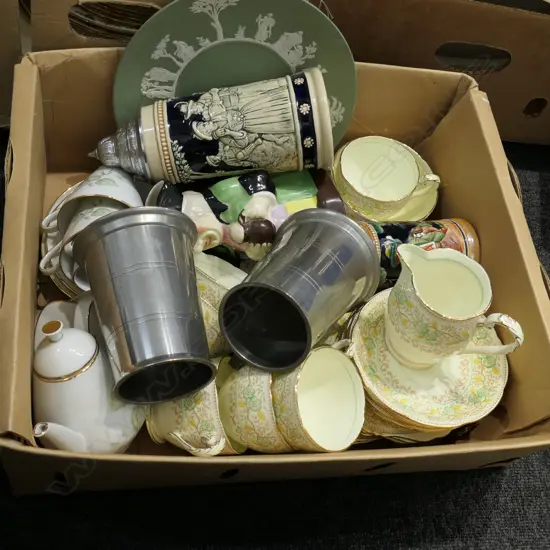 BOX LOT GRAFTON TEA SET, TOBY, BEER MUGS ETC