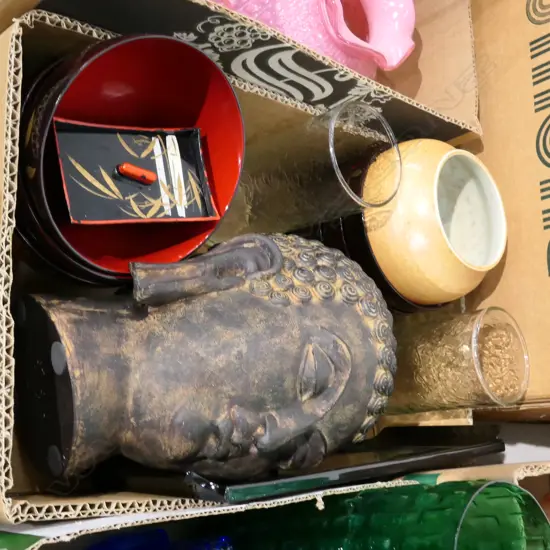 BOX LOT 6 ORIENTAL LACQUER BOWLS, BUDDHA HEAD, MAORI GLASSES ETC