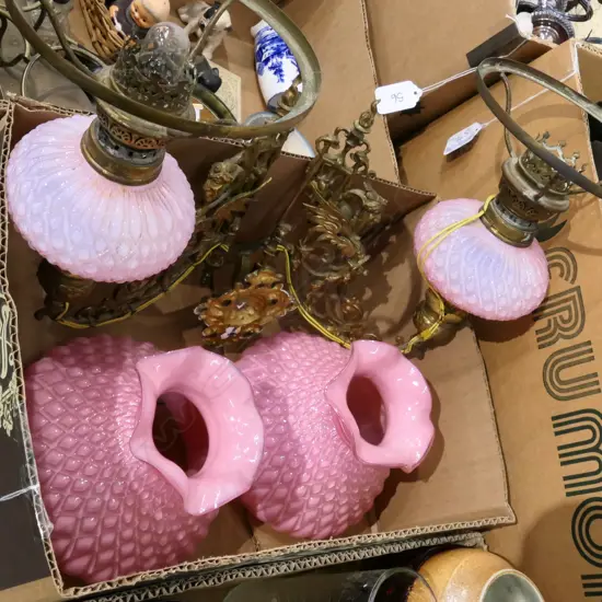 BOX LOT ANTIQUE ELECTRIFIED PINK KEROSENE WALL SCONCE
