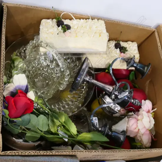 BOX LOT FAUX CAKES, EPNS, FLOWERS ETC