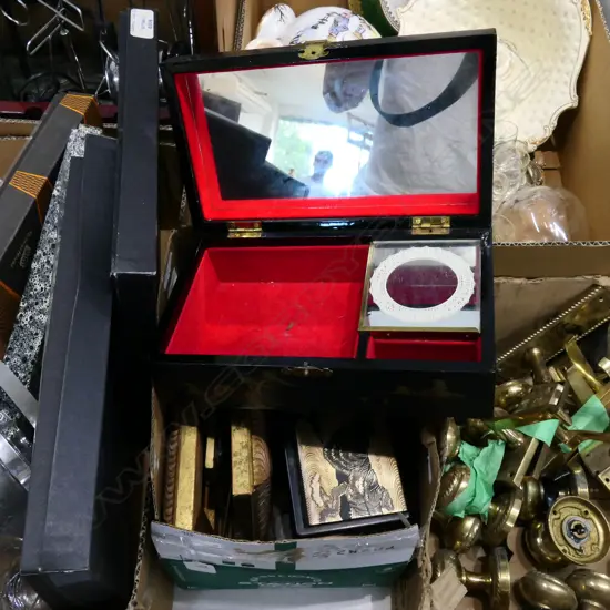 BOX LOT ASST. GLASSES, FRAMES. LACQUER MUSIC BOXES ETC