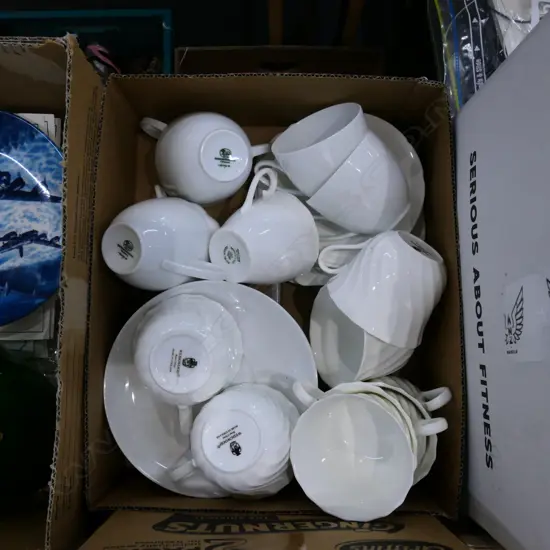 BOX LOT ASST. WHITE BONE CHINA TEACUPS AND SAUCERS INCL. WEDGWOOD