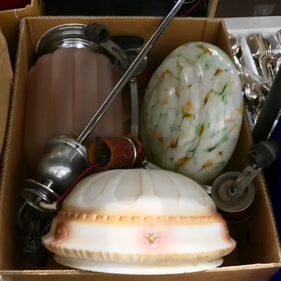 BOX LOT ART DECO 3 ARMED CHANDELIER, PINK PENDENT ETC