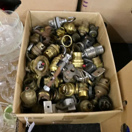 BOX LOT ASST. BRONZE LAMP SHADE FITTINGS & CHAINS