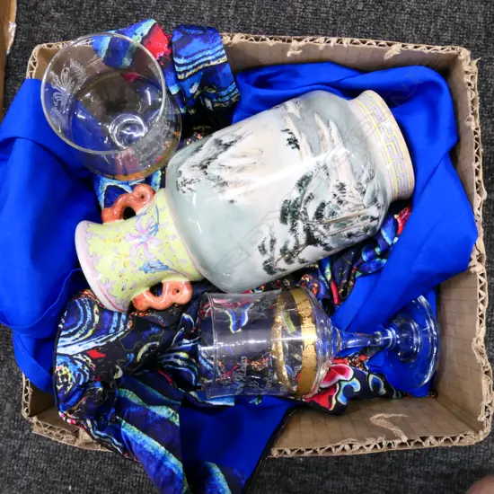 BOX LOT CHINESE HAND PAINTED VASE, ROBE, PR ROYAL WEDDING GLASSES