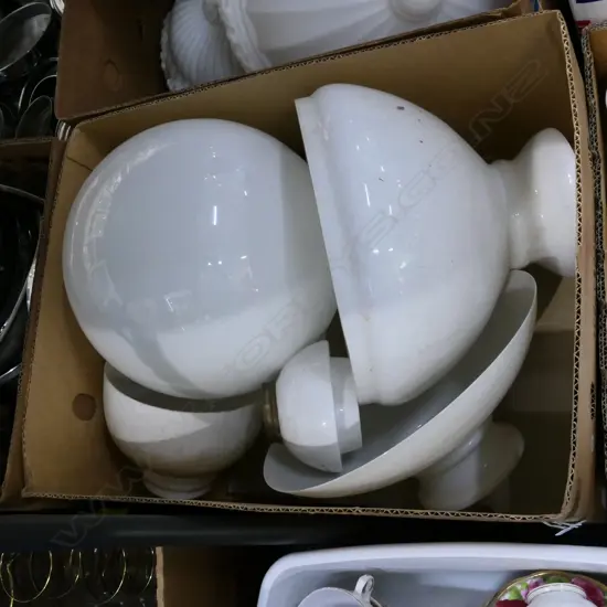 BOX LOT ART DECO / KEROSENE LAMP WHITE GLASS SHADES