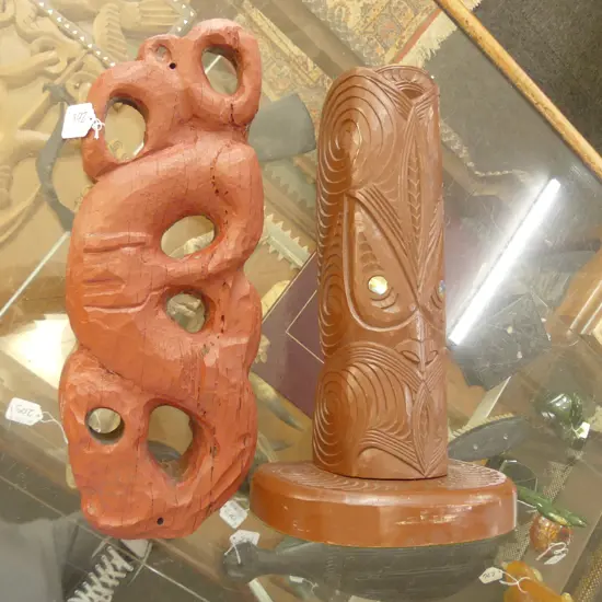 MAORI CARVED TOTEM? + ANOHER MAORI CARVING RED OCHRE FINISHES 