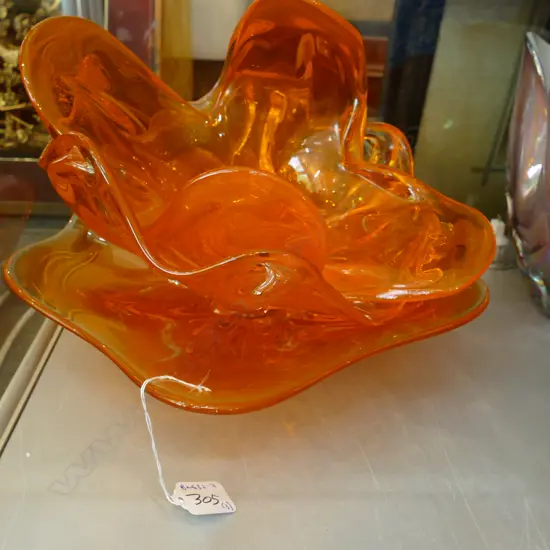 3 ORANGE ART GLASS BOWLS - LARGEST W. 380MM