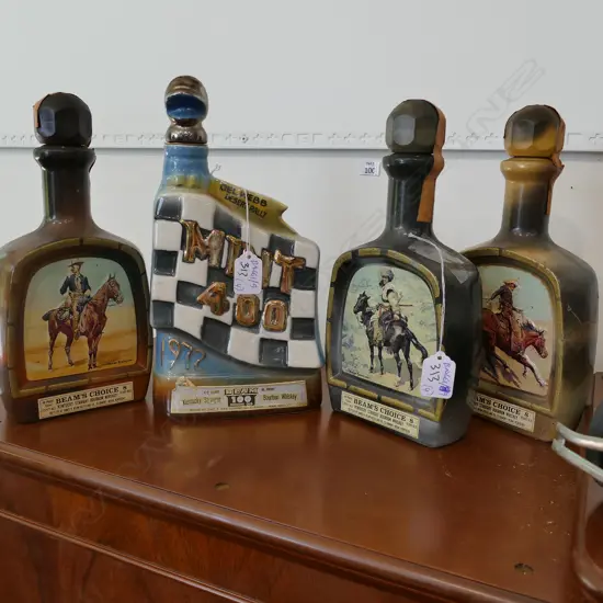 4 JIM BEAM DECANTERS, MINT 400, REMIGTONS FORCES, TALLEST H300MM