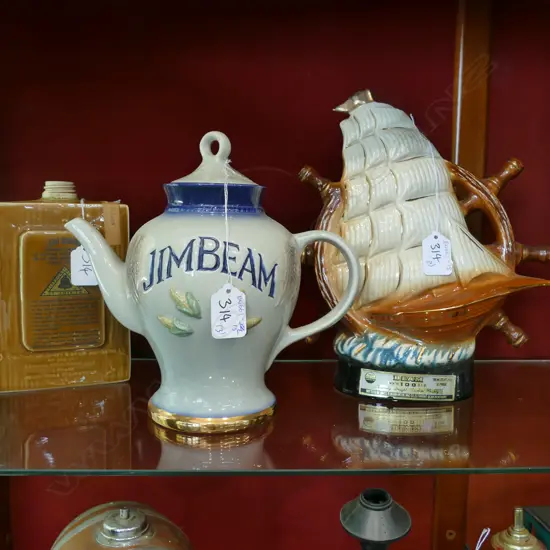 3 JIM DECANTERS TELEPHONE NO STOPPER, TEAPOT & SAILING SHIP H270MM