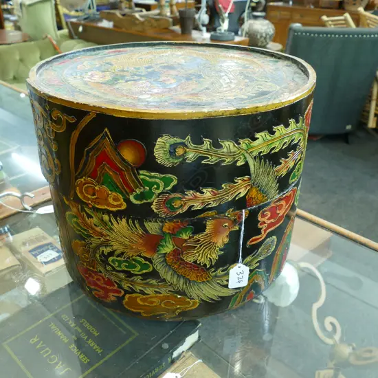 ORIENTAL LACQUERED LIDDED HAT BOX & contents...
