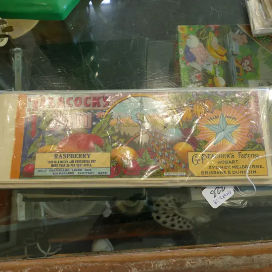 PEACOCK'S CAN LABELS  'APRICOT' AND 'RASPBERY (APPROX 100)