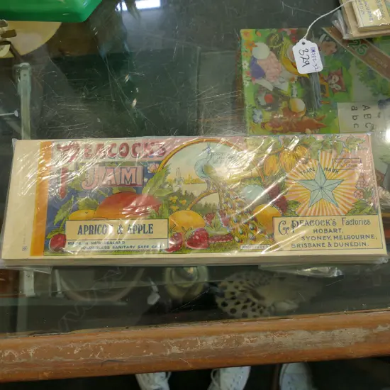 PEACOCK'S CAN LABELS  'PEACH & APPLE' AND 'APRICOT' (APPROX 100)