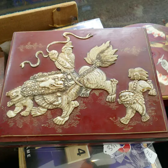 OLD ORIENTAL LACQUER BOX W/ CARVED BONE APPLIED...