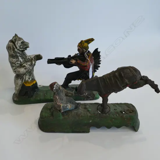 2 AMERICAN MECHANICAL MONEY BOXES BEAR & KICKING HORSE 260MM L