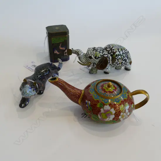 4 CLOISONNE PCS INCL ELEPHANT / TIGER / TEAPOT