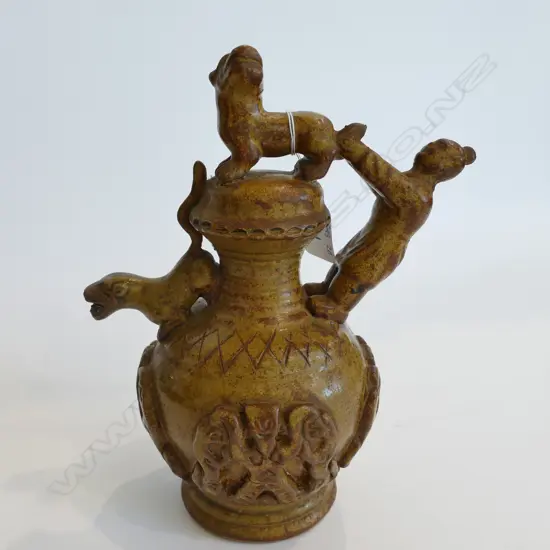 CHINESE GLAZED TERRA COTTA WINE EWER w HIDDEN FILLING FROM UNDERNEATH