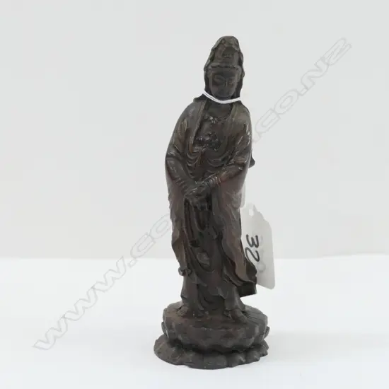 FINE CARVED WOOD GUANYIN ON LOTUS THRONE H.133mm