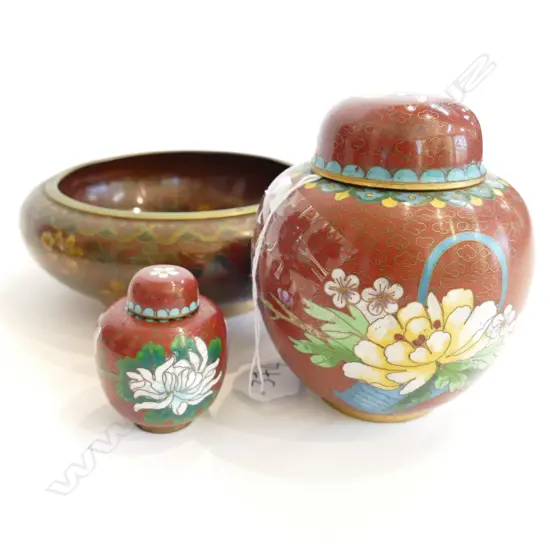 2 SMALL CLOISONNE GINGER JARS AND BOWL