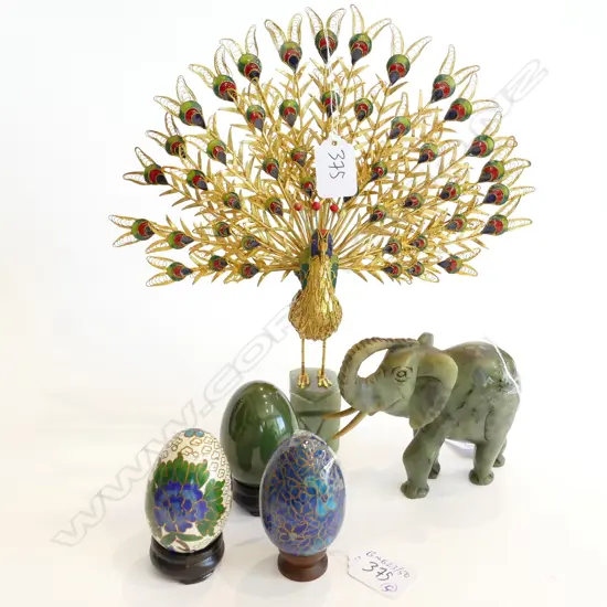 2 CLOISONNE EGGS/JADE/ ELEPHANT EGG + PEACOCK