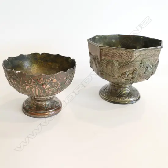 2 ORIENTAL PLATED BOWLS, DRAGON & IRISES REPOUSSE DECORATION