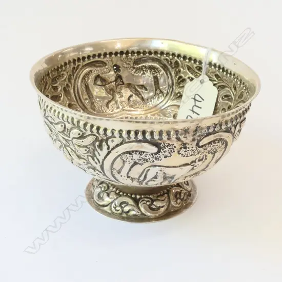 Kandy Sri Lankan  silver pedestal bowl with scene of woman milking cow and man on horse 123 grams