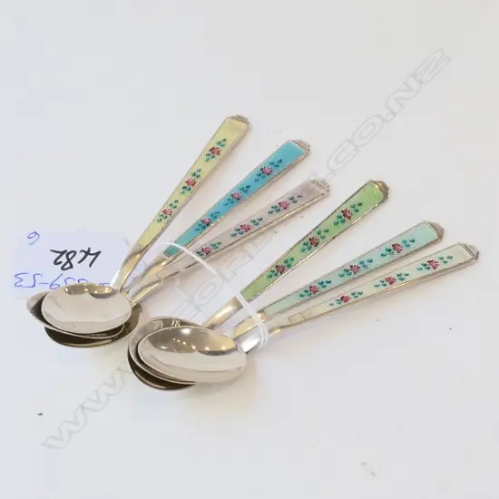 Six sterling silver spoons Germany with guilloche enamel decorated handles 64 gram
