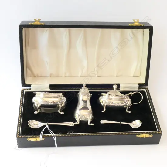 STG SILVER 5 PC CRUET SET IN BOX BIRMINGHAM 1915