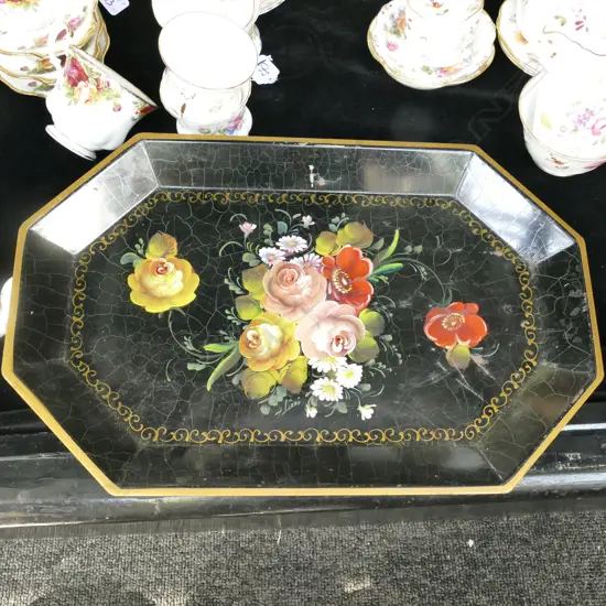 VICT HAND PAINTED FLORAL DECORATED METAL TRAY L 400 MM