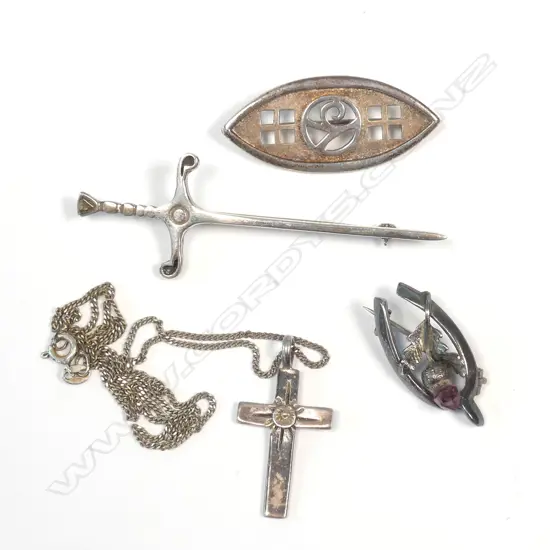 4 SILVER BROOCHES ETC SWORD
