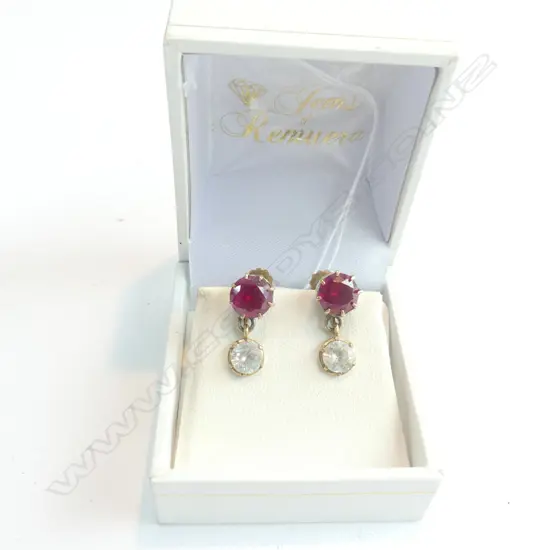 PAIR 9CT GOLD FAUX RUBY & DIAMOND EARRINGS