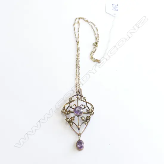 EDW 9ct AMETHYST PEARL PENDANT ON CHAIN