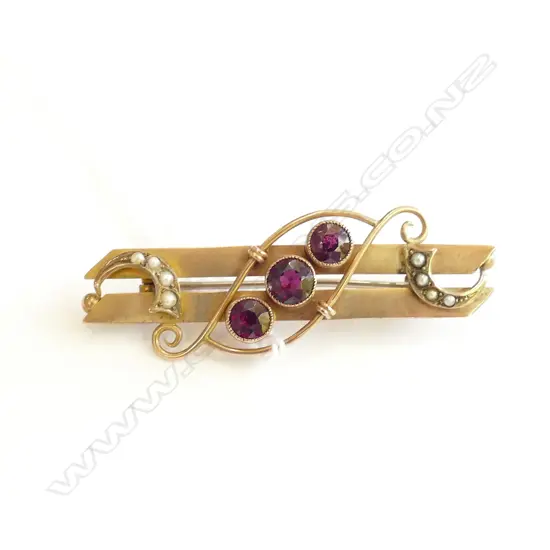 EDWARDIAN 9CT GOLD PEARL AND GARNET BROOCH 4.29gm