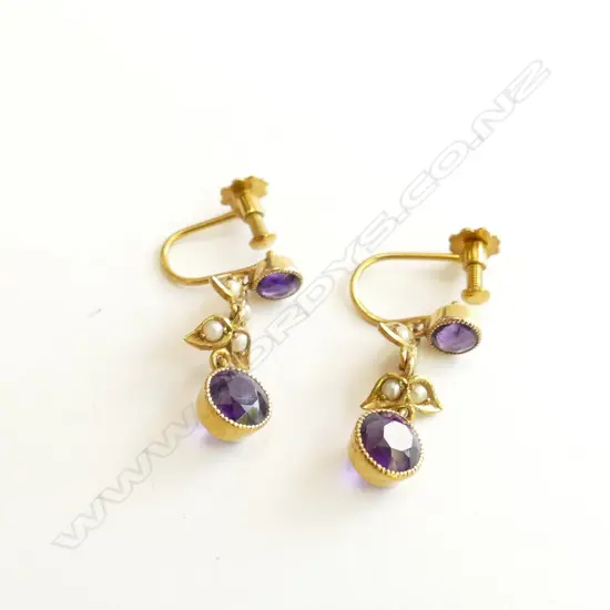 14CT GOLD PEARL & AMETHYST EARRINGS