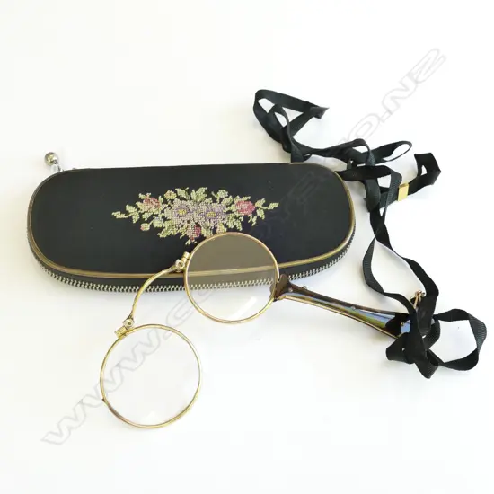 14CT GOLD PLATED LORGNETTE WITH RIBBON AND IN PETIT POINT CASE
