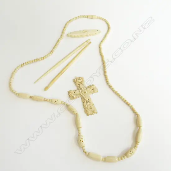 BONE NECKLACE/CROSS A.F.;CROCHET HOOKS ETC 